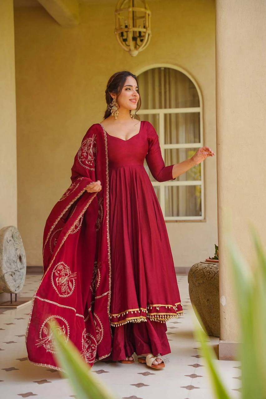 Regal Crimson Red Flared Anarkali Suit Set Adorned with Heritage Gold Motifs and Pearl-Embellished Scalloped Borders